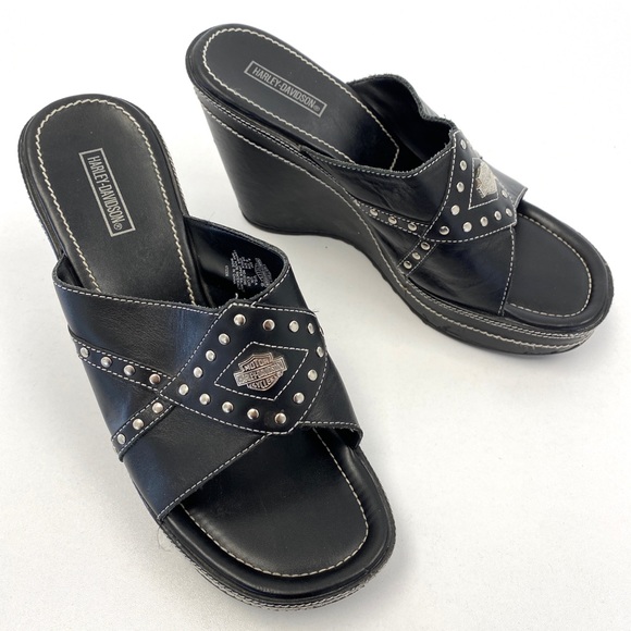 Harley-Davidson Shoes - Vintage Harley Davidson Heeled Chunky Sandals Harley Sandals Black Leather